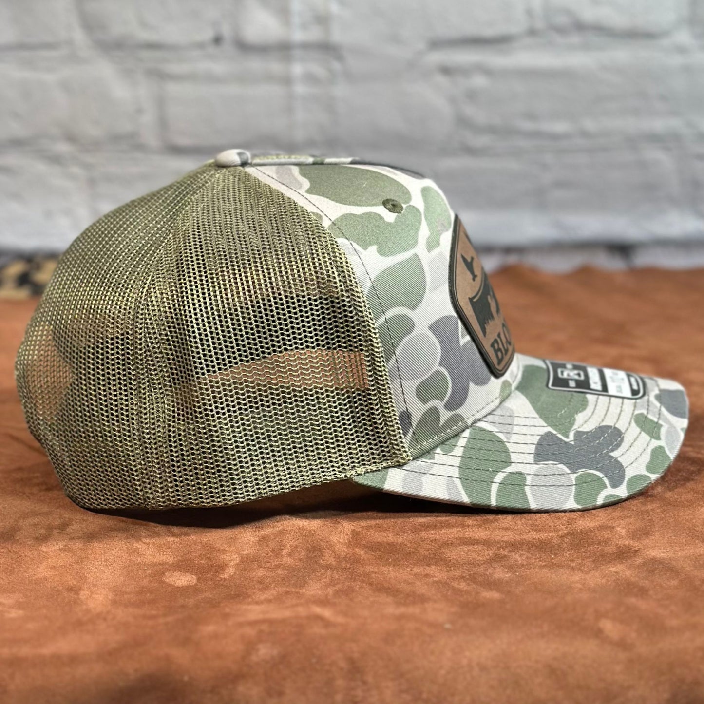 Duck Call, Richardson 112PFP Five Panel Trucker, Custom Leather Patch Hat - Whiskey Shoals