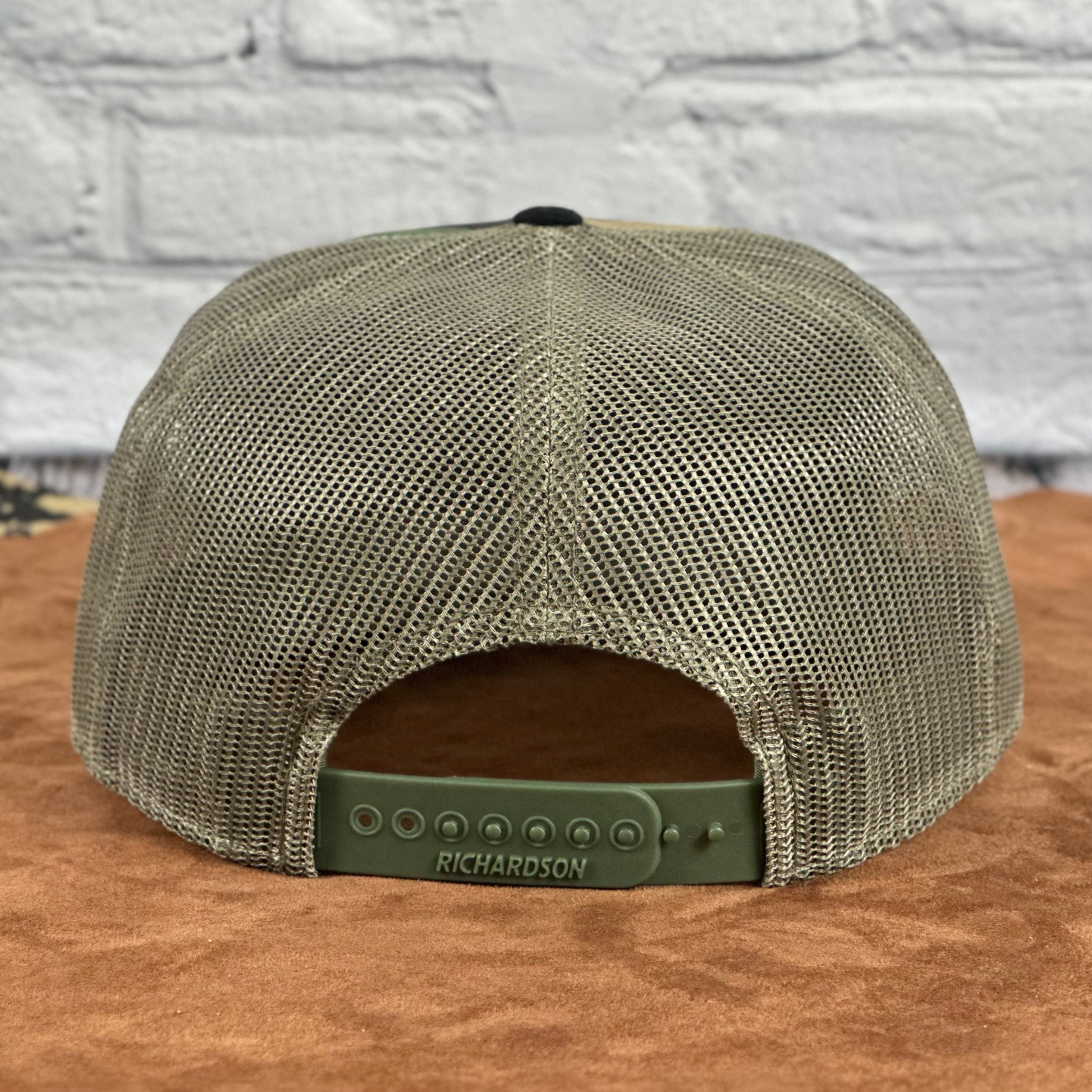 Camo Richardson 7-Panel Trucker Cap – Engraved Leatherette Patch Hat - Whiskey Shoals