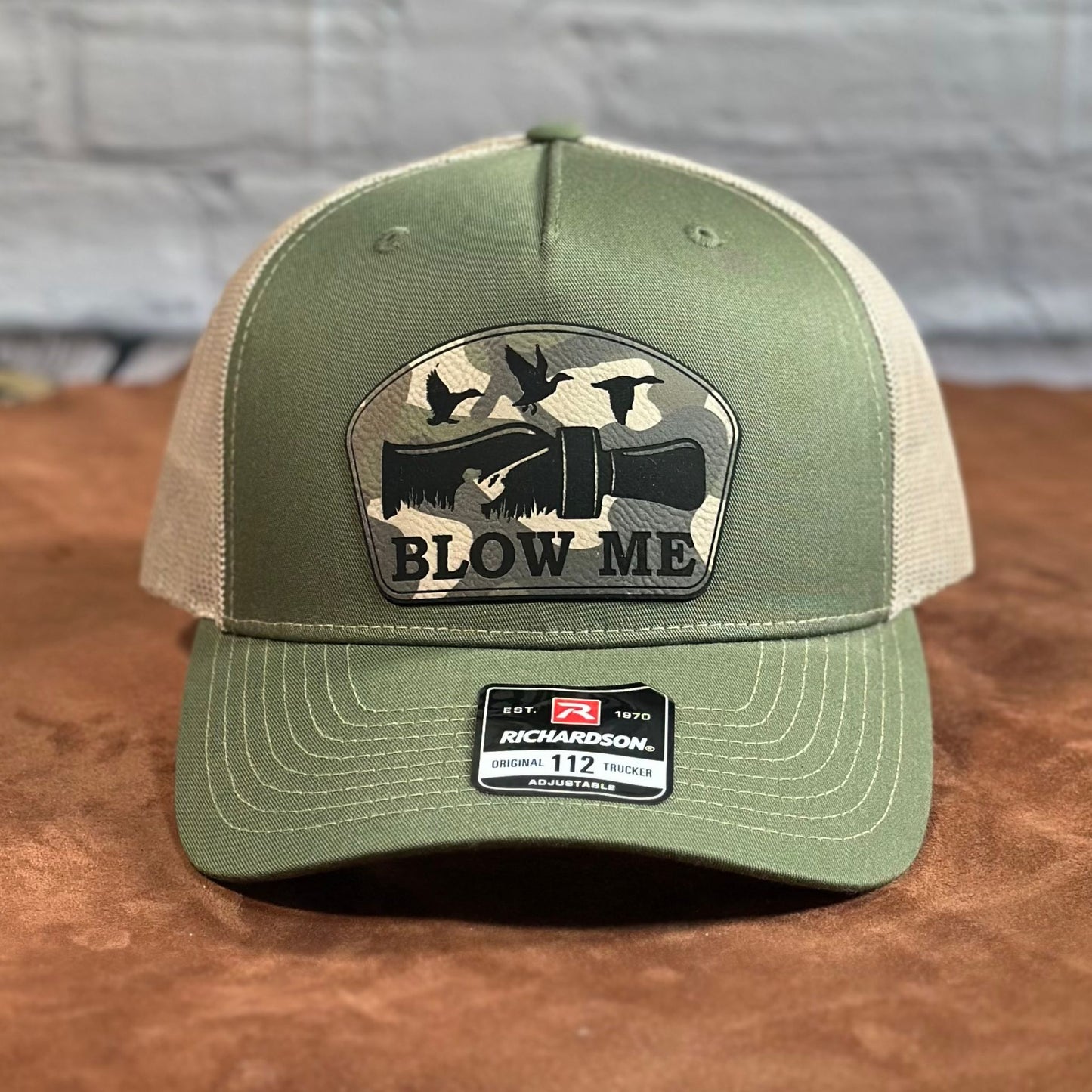 Duck Call, Richardson 112PFP Five Panel Trucker, Custom Leather Patch Hat - Whiskey Shoals