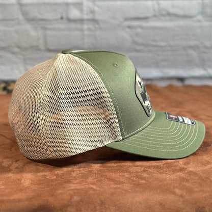 Duck Call, Richardson 112PFP Five Panel Trucker, Custom Leather Patch Hat - Whiskey Shoals