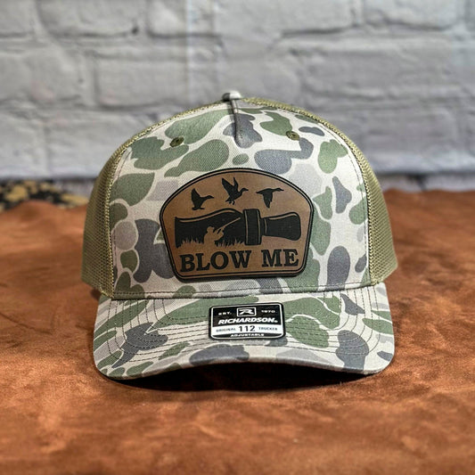 Richardson 112PFP Marsh duck camo snapback hat with leather "Blow Me" duck call patch, mesh back trucker cap for duck hunters and outdoorsmen.