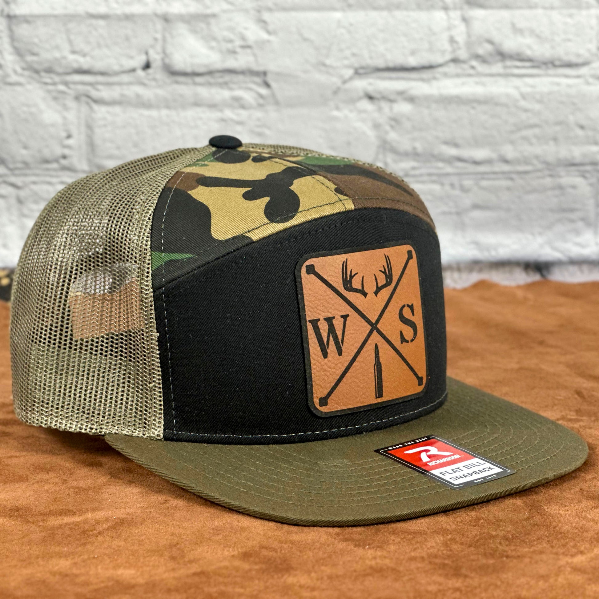 Camo Richardson 7-Panel Trucker Cap – Engraved Leatherette Patch Hat - Whiskey Shoals