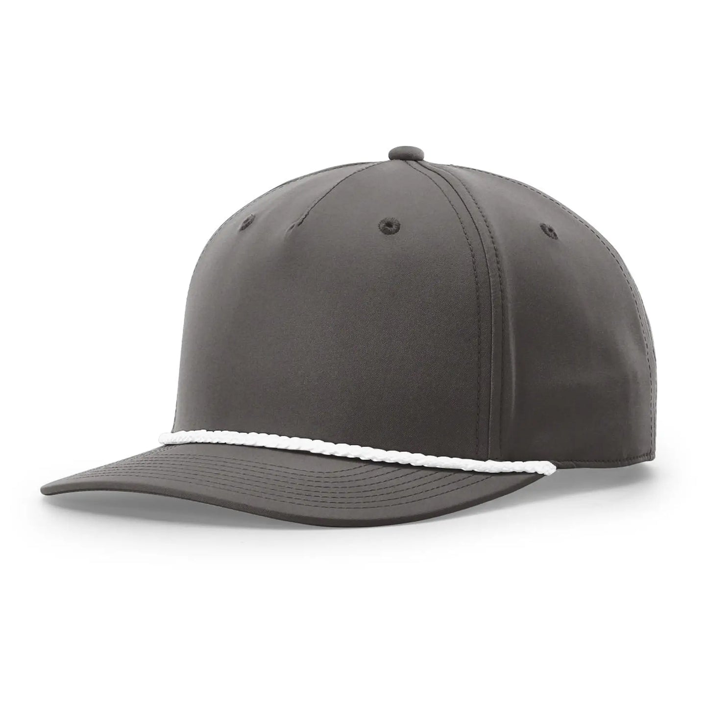 Side view of the Richardson 258 rope cap in dark grey with white rope detail and curved visor, perfect for outdoor wear.