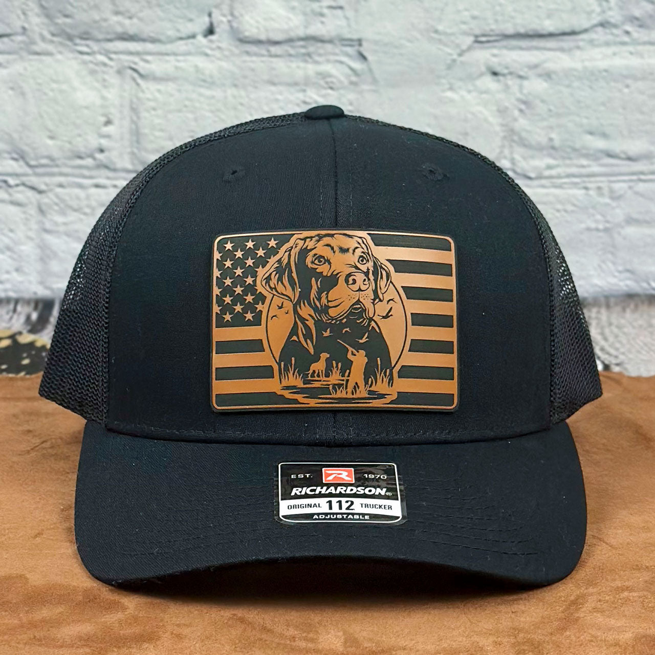American Retriever Richardson 112 Snapback Trucker Hat, Engraved Leatherette Patch Duck Hunting Hat - Whiskey Shoals