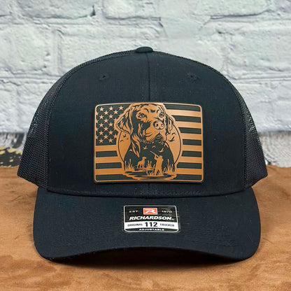 American Retriever Richardson 112 Snapback Trucker Hat, Engraved Leatherette Patch Duck Hunting Hat - Whiskey Shoals