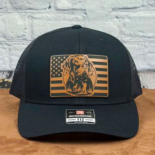 American Retriever Richardson 112 Snapback Trucker Hat, Engraved Leatherette Patch Duck Hunting Hat - Whiskey Shoals