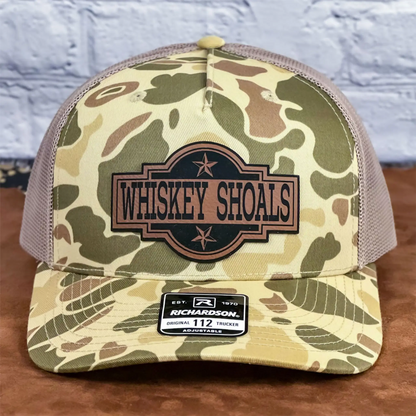 Richardson 112PFP Harvest Duck Camo snapback hat with Whiskey Shoals patch, mesh trucker cap for hunting, fishing, and country lifestyle.