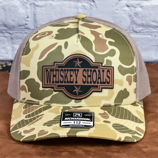 Richardson 112PFP Harvest Duck Camo snapback hat with Whiskey Shoals patch, mesh trucker cap for hunting, fishing, and country lifestyle.