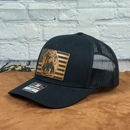 American Retriever Richardson 112 Snapback Trucker Hat, Engraved Leatherette Patch Duck Hunting Hat - Whiskey Shoals