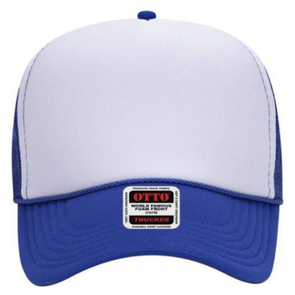 Otto foam rope trucker hat with a white front panel, blue curved brim and mesh, accented by a matching rope and center label.