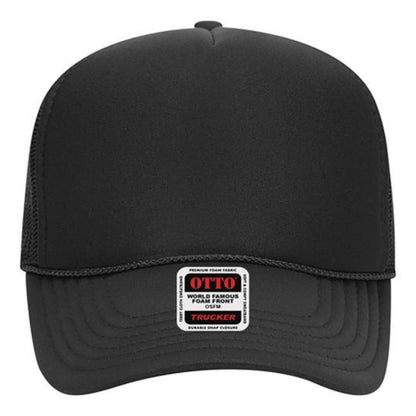 Front view of an all-black Otto foam front trucker hat with matching mesh back and curved brim, featuring a center label tag.