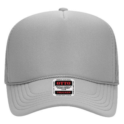 Front-facing view of an all-grey Otto foam front trucker hat with matching mesh and curved brim, complete with logo label on the bill.