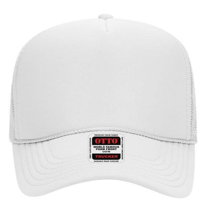 Straight-on view of a white Otto foam trucker hat with matching mesh, rope, and bill, displaying center logo tag on the curved brim.