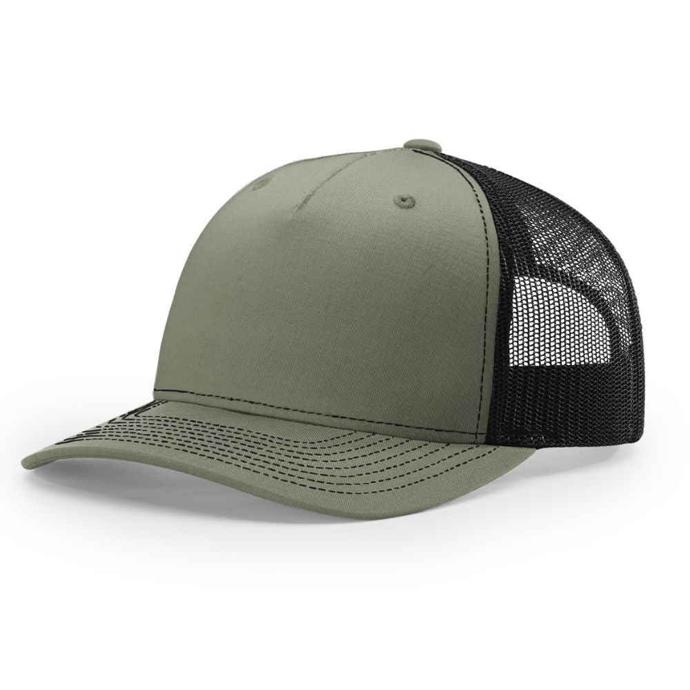 Five-panel Richardson 112FP snapback hat featuring a loden green crown and curved brim with a contrasting black mesh back and stitching, displayed on a white background.