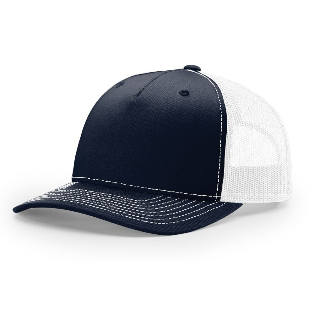 Angled front view of a Richardson 112FP five-panel hat featuring a navy blue crown and bill with a white mesh back and high-contrast white stitching, set against a white background.