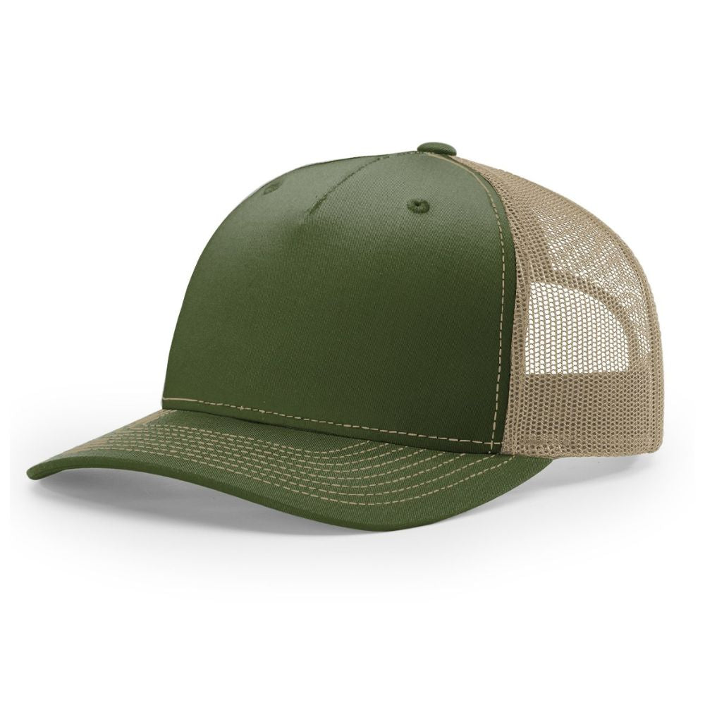 Angled view of a Richardson 112FP five-panel snapback hat featuring an olive green front panel and brim with a tan mesh back, white contrast stitching, and a structured design on a white background.