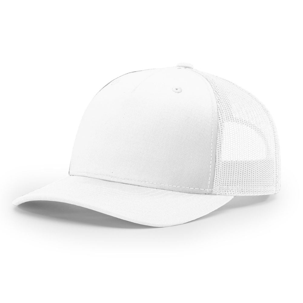 Angled view of an all-white Richardson 112 adjustable trucker hat featuring a solid front panel, curved brim, and white mesh back, displayed on a white background.