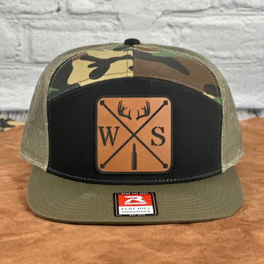 Richardson 168 camo snapback hat with leather WS antler and bullet patch, country style trucker cap, adjustable mesh back.