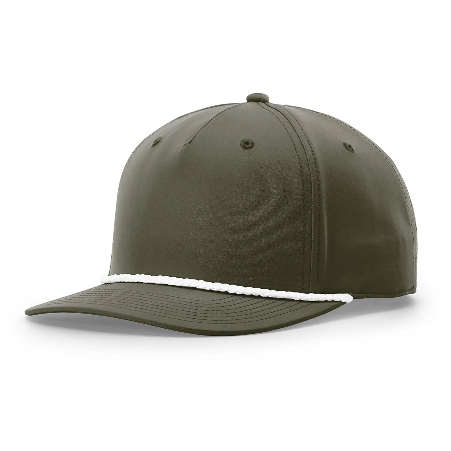 Olive green snapback hat with structured crown and white braided rope detail across the brim, stylish modern cap shown on white background.