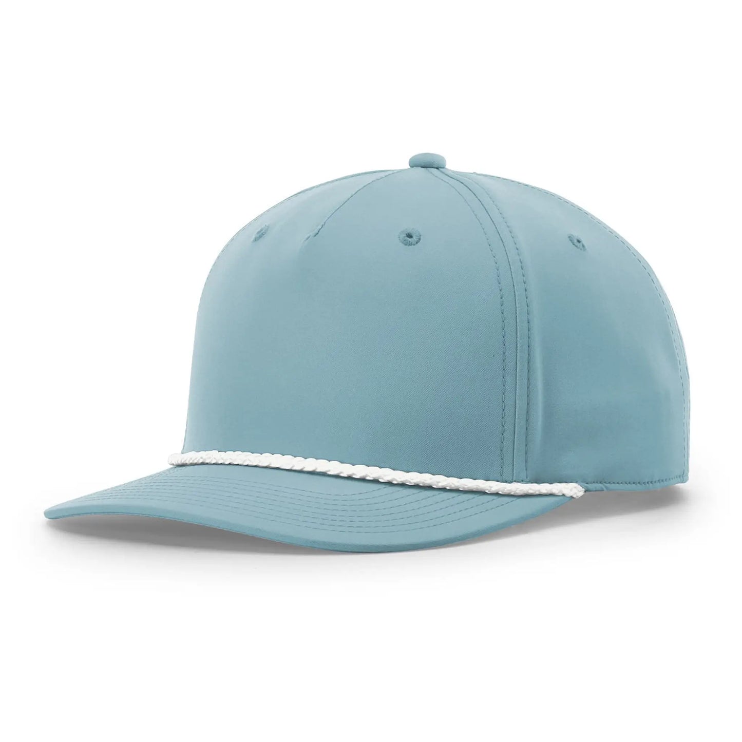 Light blue snapback hat with structured panels and a white braided rope accent on the brim, minimalist unisex cap on white background.