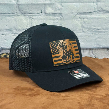 American Retriever Richardson 112 Snapback Trucker Hat, Engraved Leatherette Patch Duck Hunting Hat - Whiskey Shoals